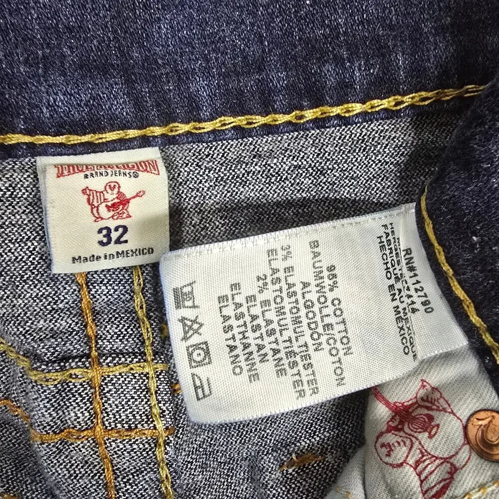 True Religion Jeans Mens 32x33 Slim Flap Big T Dark Wash Red Stitch Denim